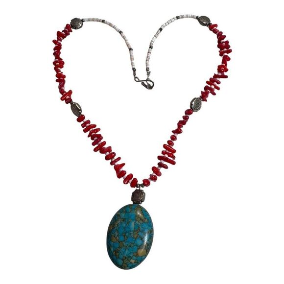 Handcrafted Red Coral Necklace Faux Turquoise Pendant Southwest & Silver Accents - Picture 3 of 7